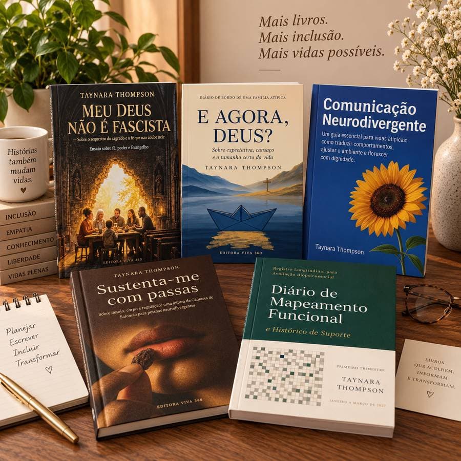 Os cinco livros de Taynara Thompson reunidos sobre uma mesa de trabalho